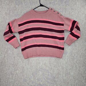 Loft Medium Pink Striped Button-Shoulder Sweater